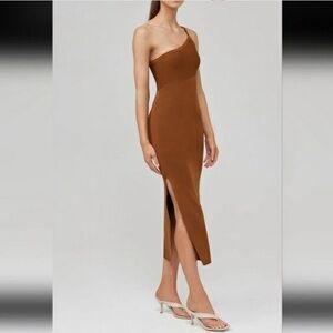 House of Harlow 1960 Ribbed One Shoulder Midi Dress Size Medium NWTS Brown